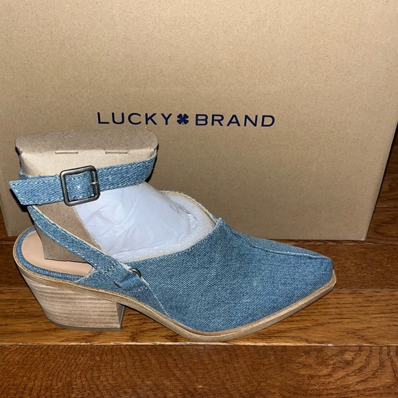 Lucky Brand Winola Ankle Strap Wedge Mules Medium Blue Denim Women’s Size 6 - Picture 3 of 12